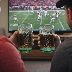 Vintage Coca Cola green tint glass tumblers set of 2 embossed logo comes w/box